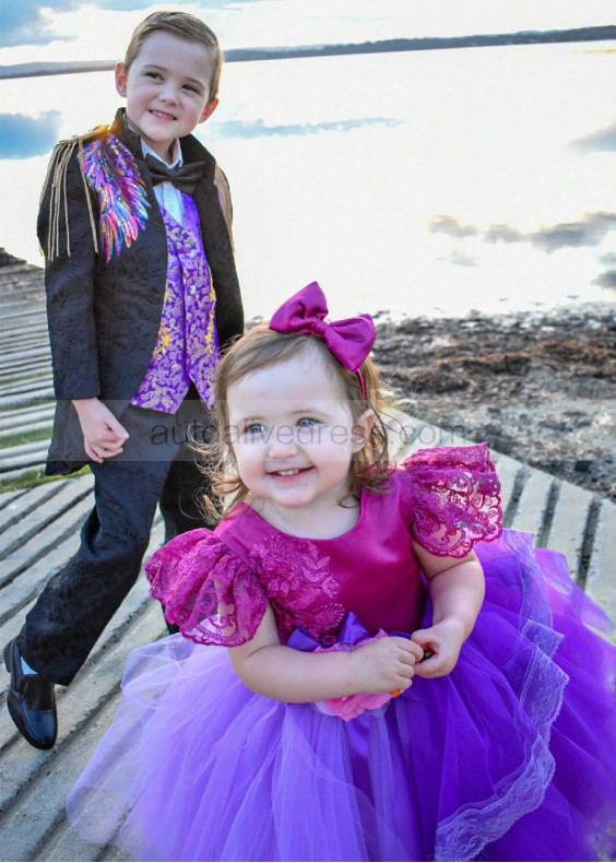 Flutter Sleeves Lace Tulle Flower Girl Dress With Handmade Flower